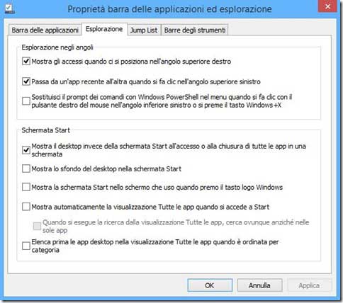 Proprietà taskbar Windows 8.1