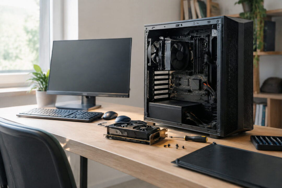 Tecnico diagnostica un pc assemblato non si accende accanto al monitor nero